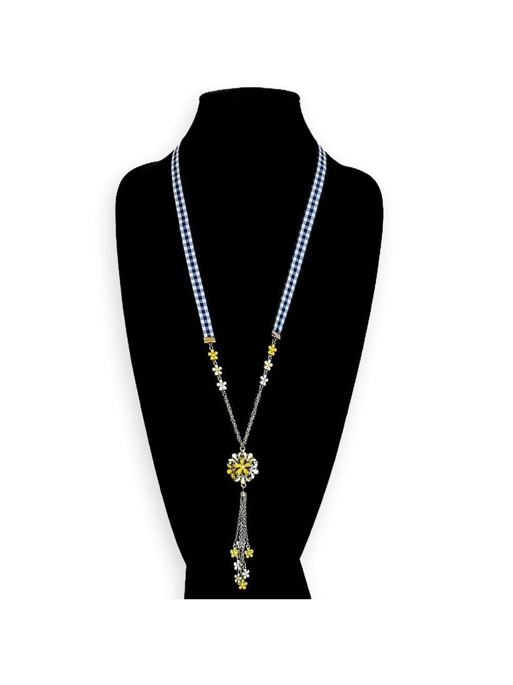 TALBOTS | Blue Gingham w/ Yellow & White Daisy 🌼 Chain Lariat Necklace | NWOT